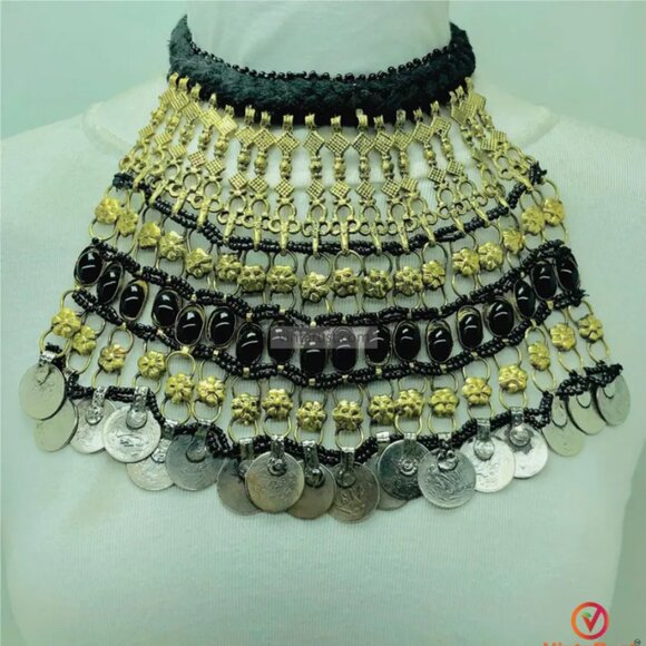 Vintage Massive Black Choker Necklace, Afghan Choker With Glass Stones and Coins - Picture 1 of 9